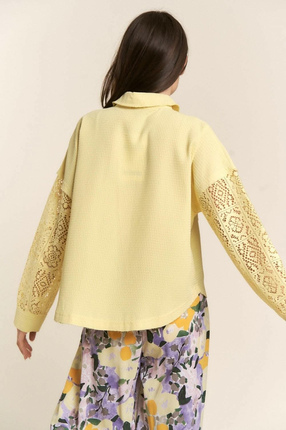 J.NNA Button Down Lace Long Sleeve Waffle Shirt - Love Salve